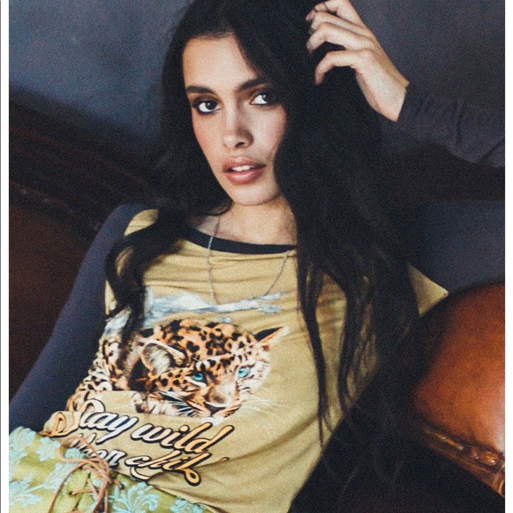Spell Long Sleeve Tee in Tan and Black with Leopard Graphic